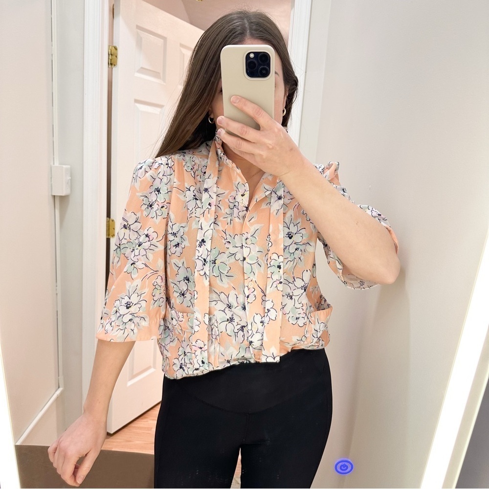Cape Cod Match Mates Vintage Floral Ruffle Tie Collar Button Up Short Sleeve Top